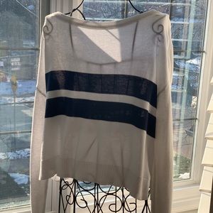 white long-sleeve with navy blue stripes